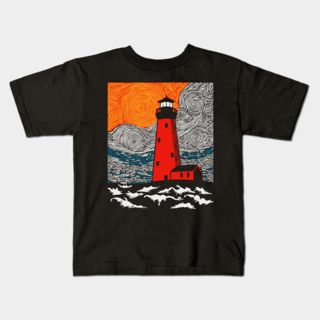 Lighthouse at Sunrise - Coastal Snow Scene Kids T-Shirt by TuncGK