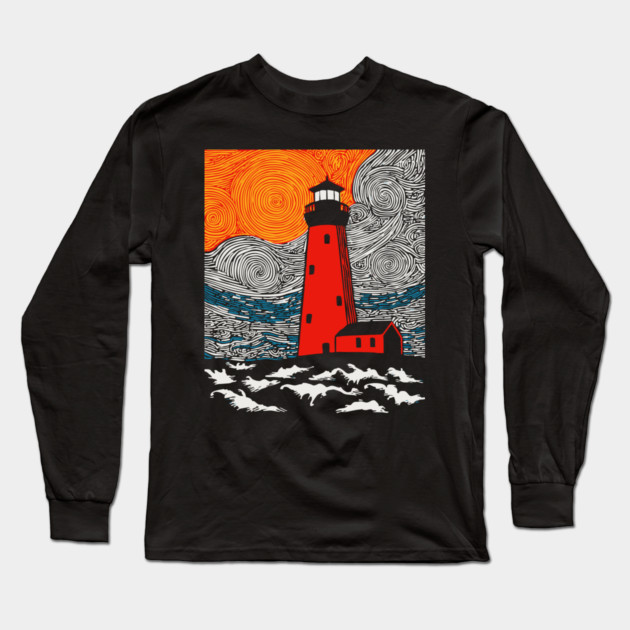 Lighthouse at Sunrise - Coastal Snow Scene Long Sleeve T-Shirt by TuncGK