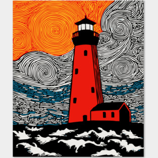 Lighthouse at Sunrise - Coastal Snow Scene Posters and Art