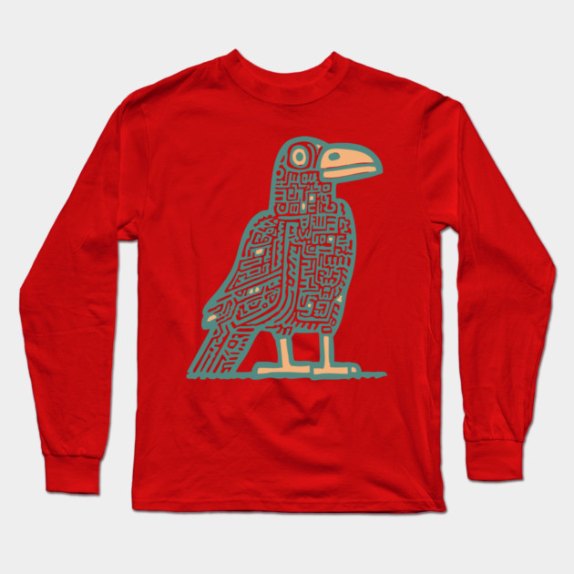 Cyber Crow Totem - Futuristic Tribal Raven Art Long Sleeve T-Shirt by TuncGK