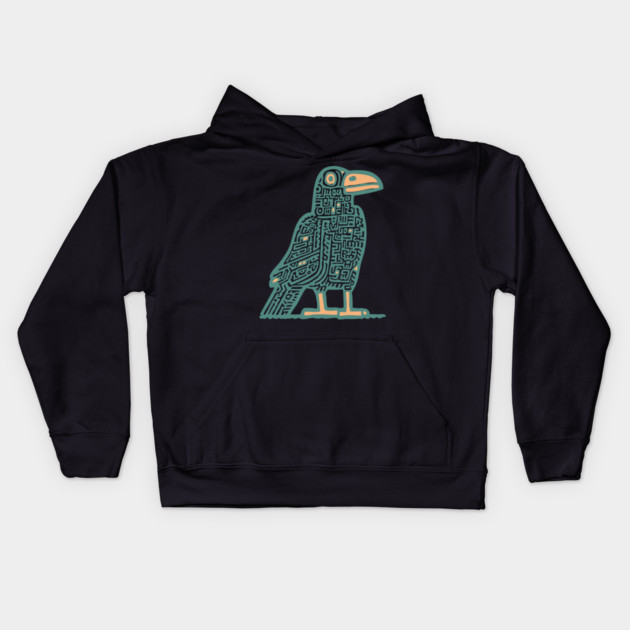 Cyber Crow Totem - Futuristic Tribal Raven Art Kids Hoodie by TuncGK