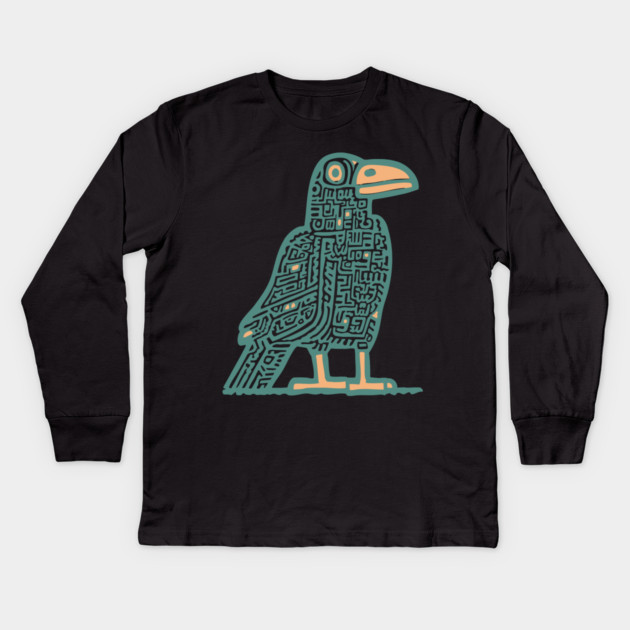 Cyber Crow Totem - Futuristic Tribal Raven Art Kids Long Sleeve T-Shirt by TuncGK