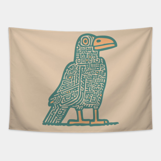 Cyber Crow Totem - Futuristic Tribal Raven Art Tapestry by TuncGK