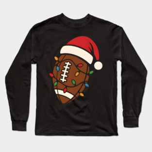Christmas Football with Santa Hat and Lights Holiday Design Long Sleeve T-Shirt