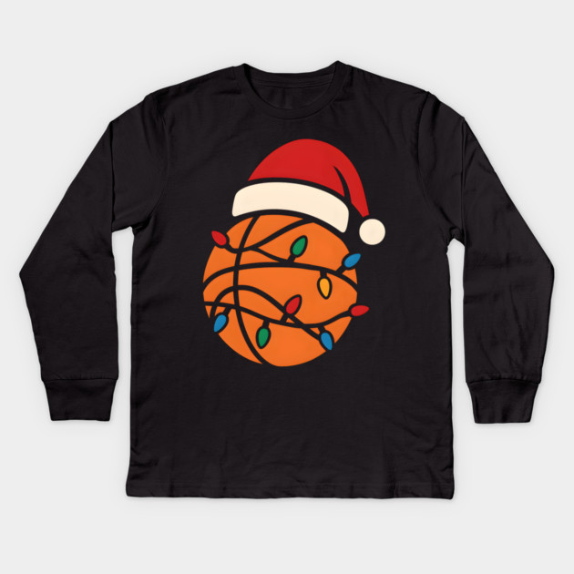 Christmas Basketball with Santa Hat and Lights Holiday Design Kids Long Sleeve T-Shirt by MakerMind8.2