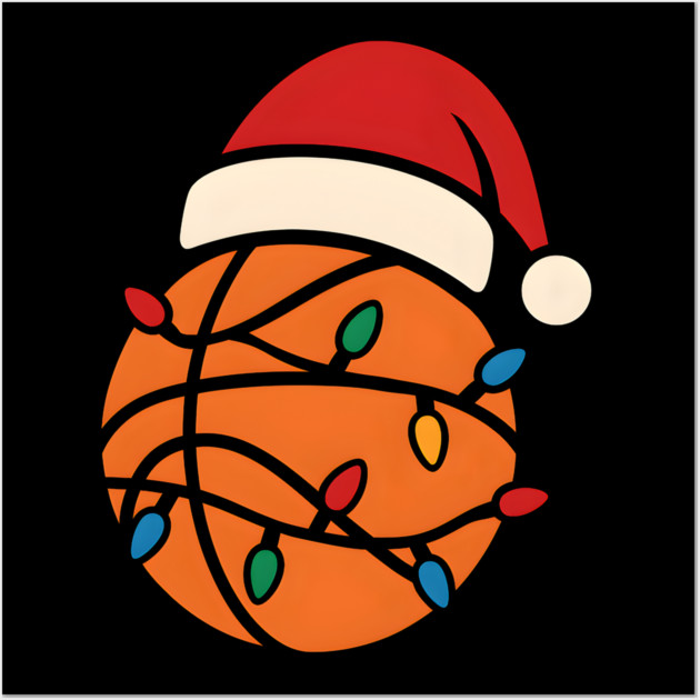 Christmas Basketball with Santa Hat and Lights Holiday Design Wall Art by MakerMind8.2