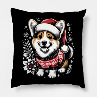 Corgi Dog Christmas Santa Hat Ugly Sweater Floral Pillow