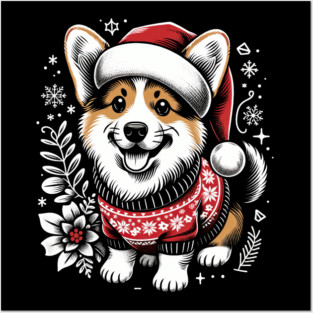 Corgi Dog Christmas Santa Hat Ugly Sweater Floral Posters and Art