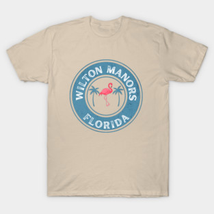 Wilton Manors Florida Retro Flamingo Design with Tropical Palms Vintage Badge T-Shirt