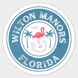 Wilton Manors Florida Retro Flamingo Design with Tropical Palms Vintage Badge Sticker