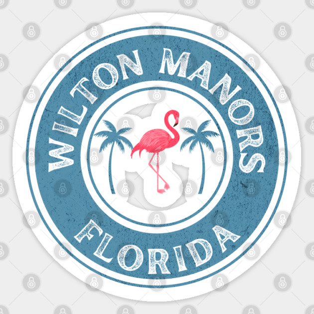 Wilton Manors Florida Retro Flamingo Design with Tropical Palms Vintage Badge Sticker by WarFX Designs