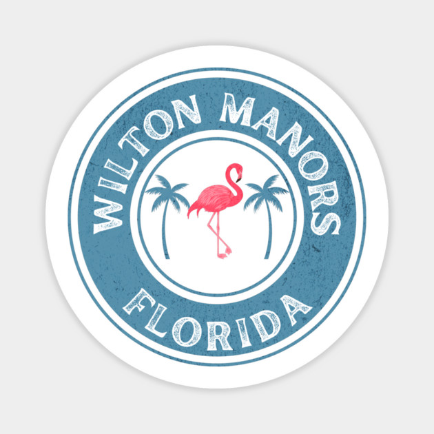 Wilton Manors Florida Retro Flamingo Design with Tropical Palms Vintage Badge Magnet by WarFX Designs