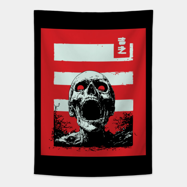 Screaming Skull Vintage Ukiyo-e Halloween Pop Art Tapestry by TuncGK