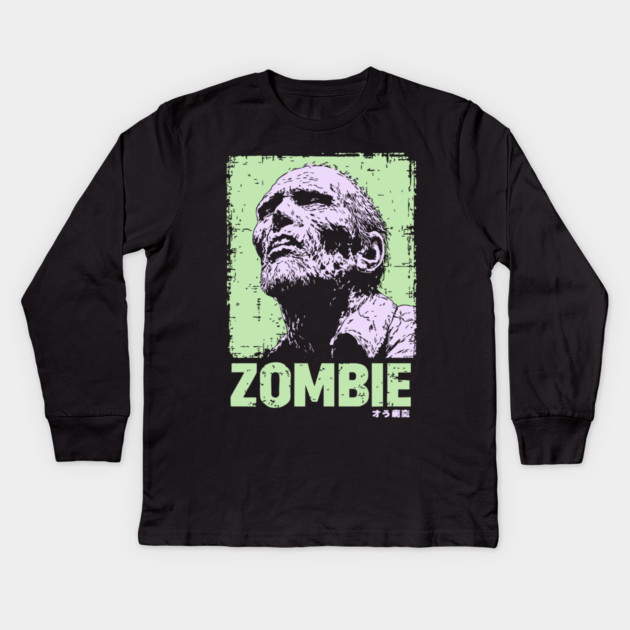 Classic Zombie Portrait in Green Pop Art Style Kids Long Sleeve T-Shirt by TuncGK