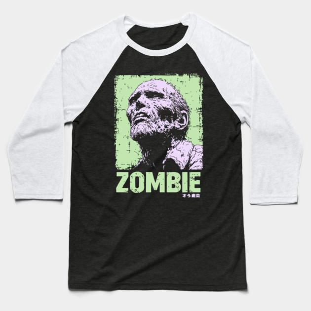 Classic Zombie Portrait in Green Pop Art Style Baseball T-Shirt by TuncGK