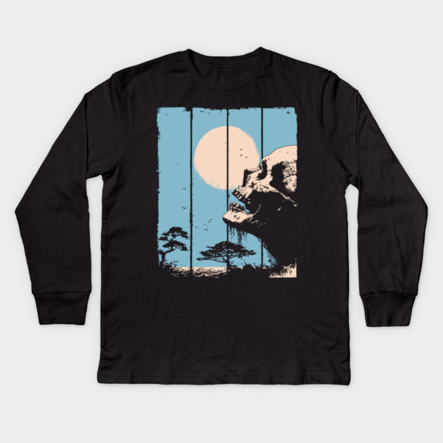 Zen Skull and Bonsai Japanese Vaporwave Design Kids Long Sleeve T-Shirt by TuncGK