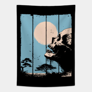Zen Skull and Bonsai Japanese Vaporwave Design Tapestry