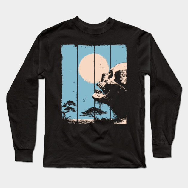 Zen Skull and Bonsai Japanese Vaporwave Design Long Sleeve T-Shirt by TuncGK