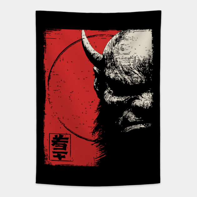 Menacing Oni Demon Japanese Folklore Ukiyo-e Art Tapestry by TuncGK