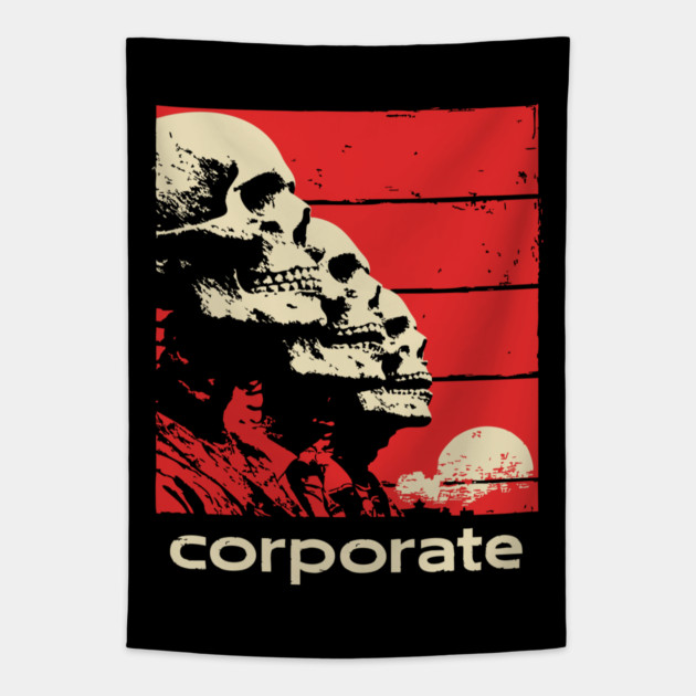 Corporate Drone Skeletons Satirical Horror Art Tapestry by TuncGK