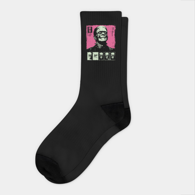 Pink Pop Art Frankenstein Monster Halloween Portrait Socks by TuncGK