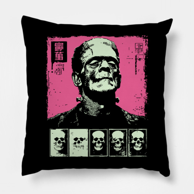 Pink Pop Art Frankenstein Monster Halloween Portrait Pillow by TuncGK