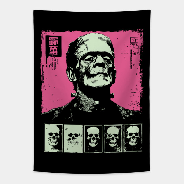 Pink Pop Art Frankenstein Monster Halloween Portrait Tapestry by TuncGK