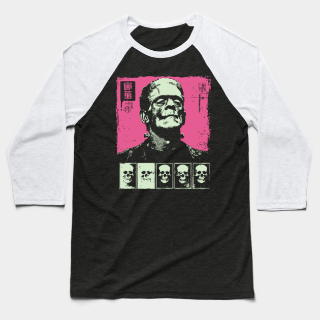 Pink Pop Art Frankenstein Monster Halloween Portrait Baseball T-Shirt by TuncGK