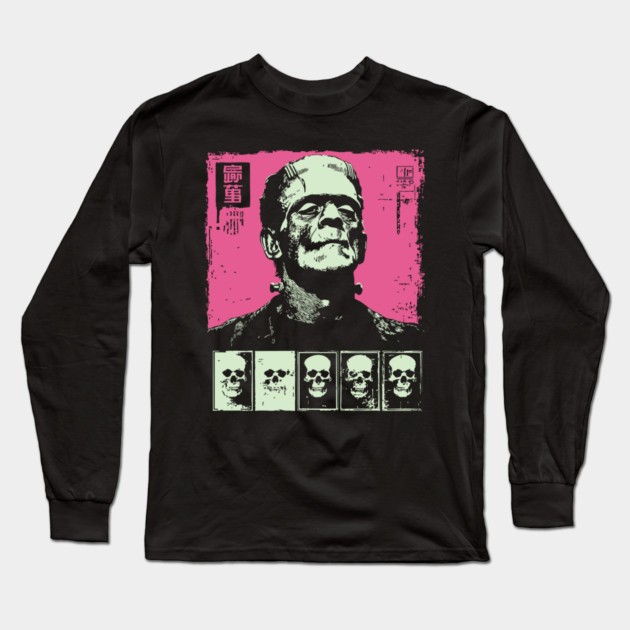 Pink Pop Art Frankenstein Monster Halloween Portrait Long Sleeve T-Shirt by TuncGK