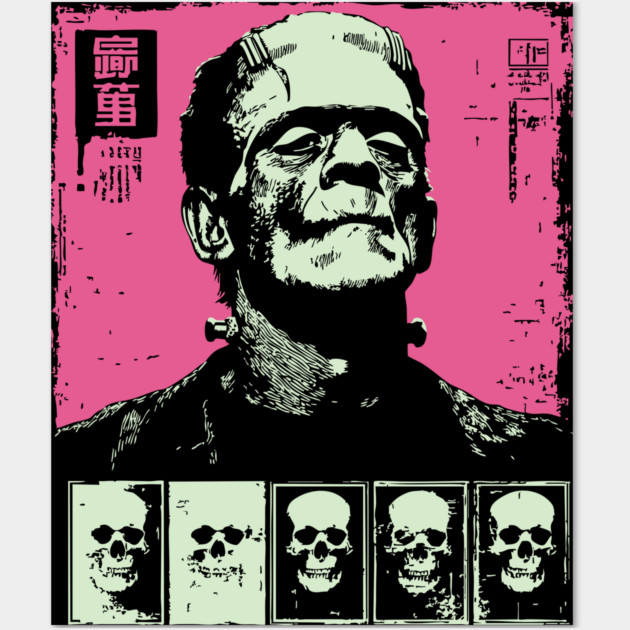 Pink Pop Art Frankenstein Monster Halloween Portrait Wall Art by TuncGK