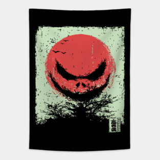 Demonic Rising Sun Minimalist Japanese Horror Tapestry