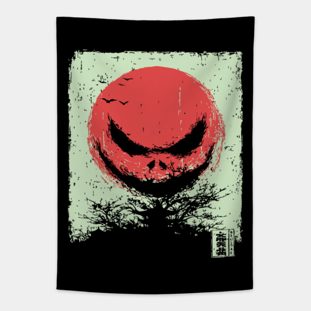 Demonic Rising Sun Minimalist Japanese Horror Tapestry by TuncGK