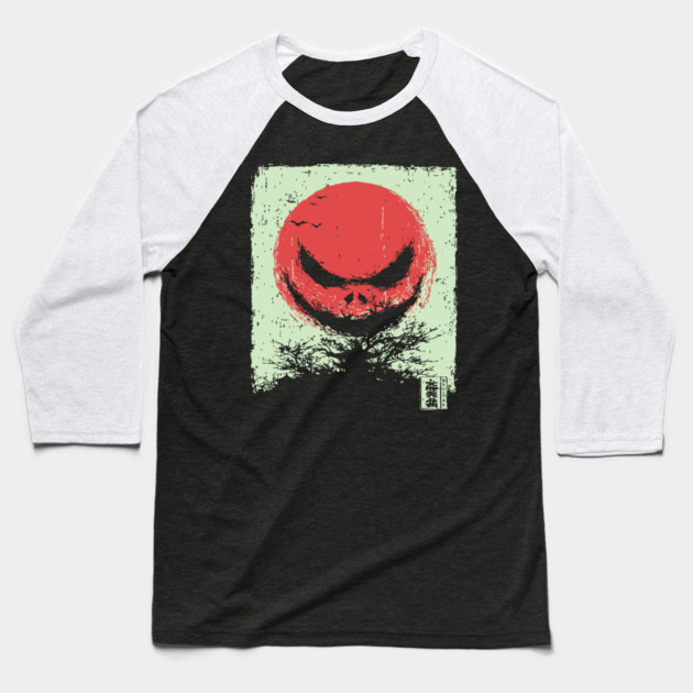 Demonic Rising Sun Minimalist Japanese Horror Baseball T-Shirt by TuncGK