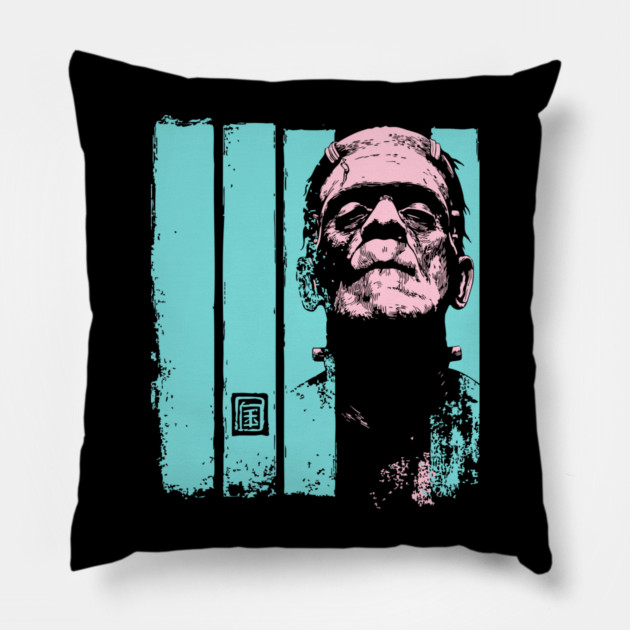 Intense Frankenstein Monster Ukiyo-e Horror Portrait Pillow by TuncGK
