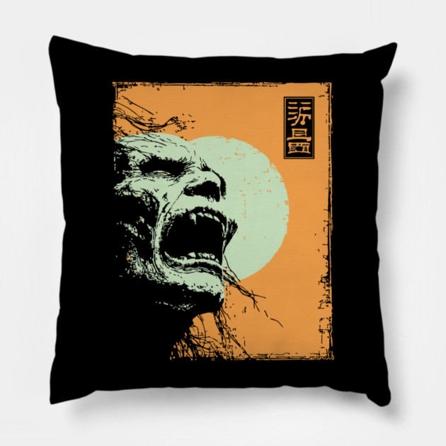 Desperate Zombie Portrait Expressive Ukiyo-e Horror Pillow by TuncGK
