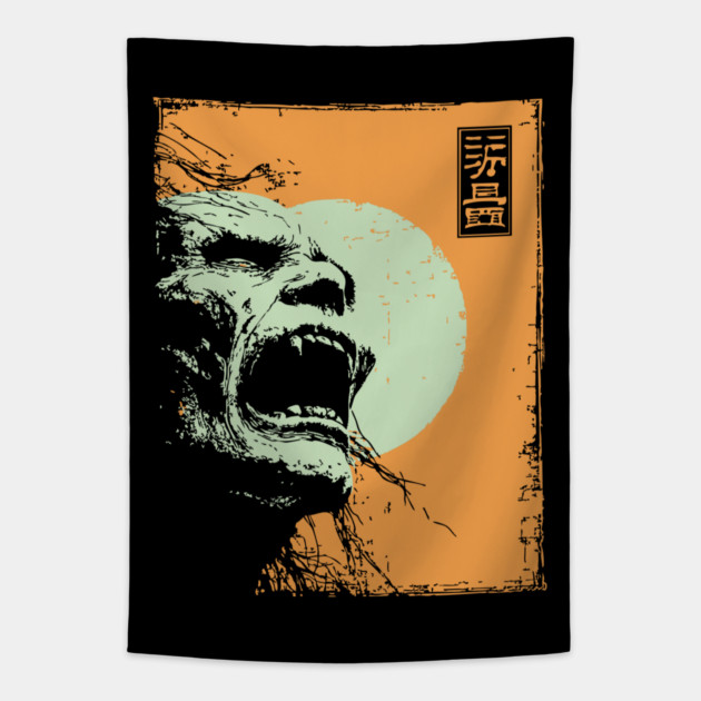 Desperate Zombie Portrait Expressive Ukiyo-e Horror Tapestry by TuncGK