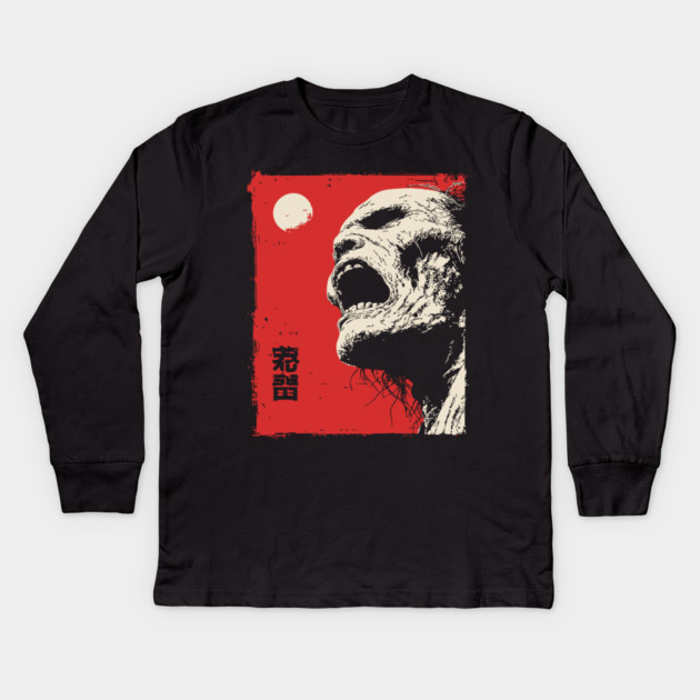 Screaming Zombie Profile Japanese Ukiyo-e Horror Kids Long Sleeve T-Shirt by TuncGK
