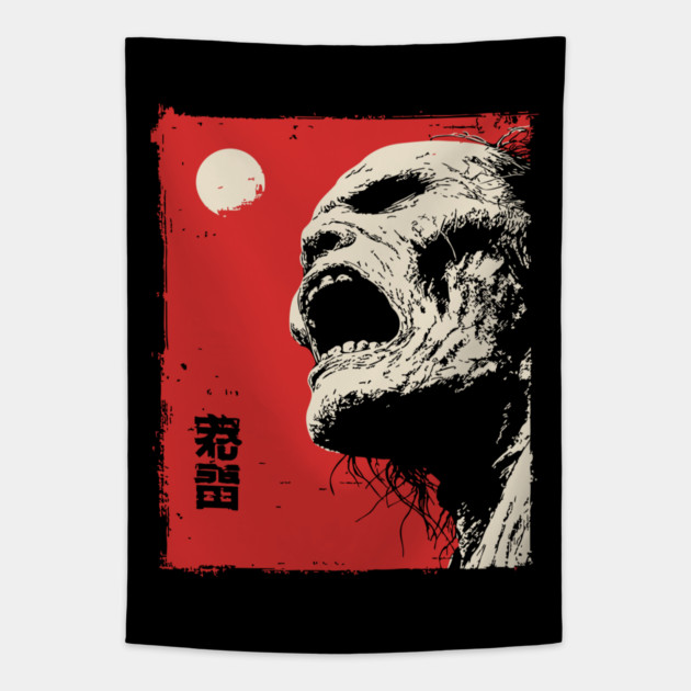 Screaming Zombie Profile Japanese Ukiyo-e Horror Tapestry by TuncGK