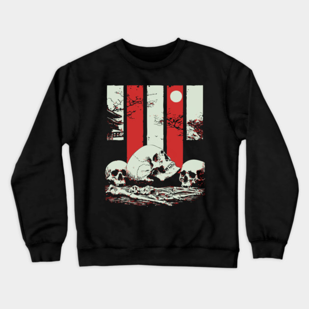 Skulls in a Japanese Garden Vintage Ukiyo-e Art Crewneck Sweatshirt by TuncGK