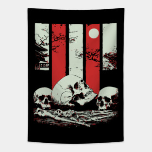 Skulls in a Japanese Garden Vintage Ukiyo-e Art Tapestry