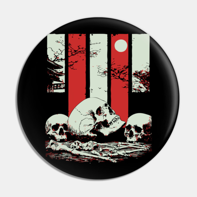 Skulls in a Japanese Garden Vintage Ukiyo-e Art Pin by TuncGK