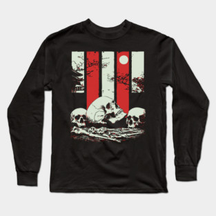 Skulls in a Japanese Garden Vintage Ukiyo-e Art Long Sleeve T-Shirt