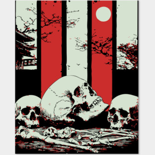 Skulls in a Japanese Garden Vintage Ukiyo-e Art Posters and Art