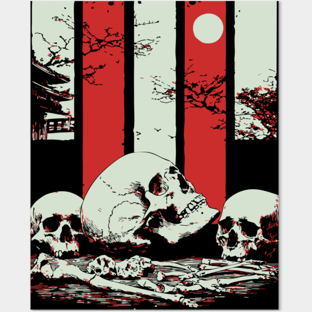 Skulls in a Japanese Garden Vintage Ukiyo-e Art Wall Art by TuncGK