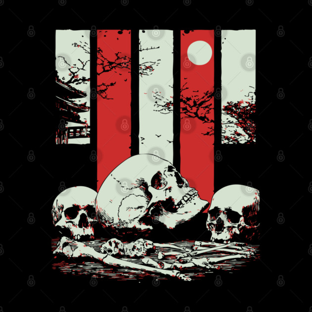 Skulls in a Japanese Garden Vintage Ukiyo-e Art by TuncGK