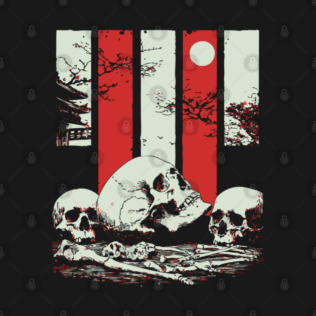 Skulls in a Japanese Garden Vintage Ukiyo-e Art by TuncGK