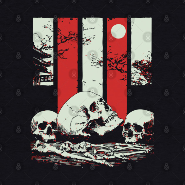 Skulls in a Japanese Garden Vintage Ukiyo-e Art by TuncGK