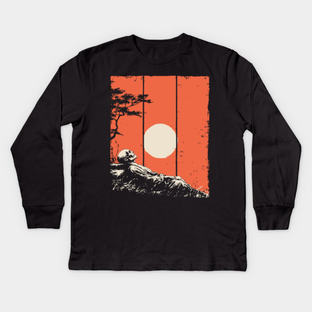 Dying Samurai in the Sunset Ukiyo-e Horror Art Kids Long Sleeve T-Shirt by TuncGK