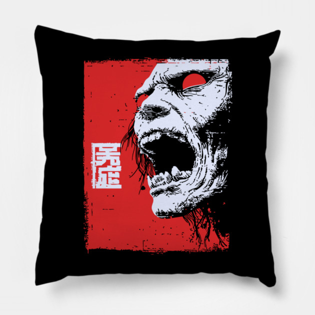 Screaming Undead Zombie Retro Japanese Horror Design Pillow by TuncGK