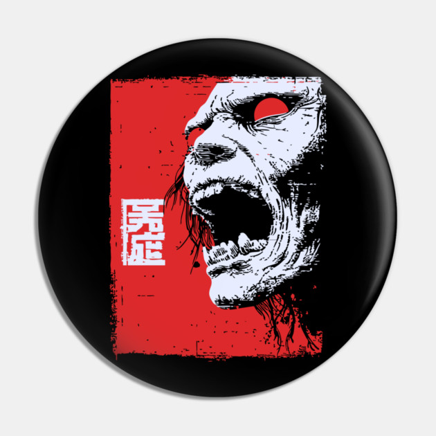 Screaming Undead Zombie Retro Japanese Horror Design Pin by TuncGK